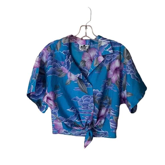 Hilo Hattie Vintage 80's Tie Front Floral Print Top Sz L - Picture 1 of 4